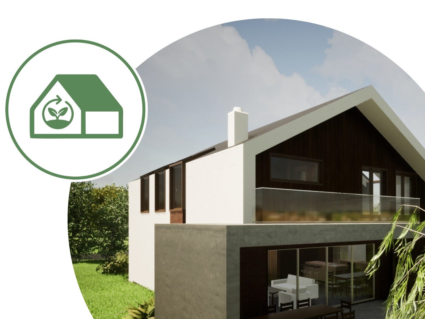 Kuća nulte energije u krugu na bijeloj pozadini i ikona koja prikazuje Net Zero