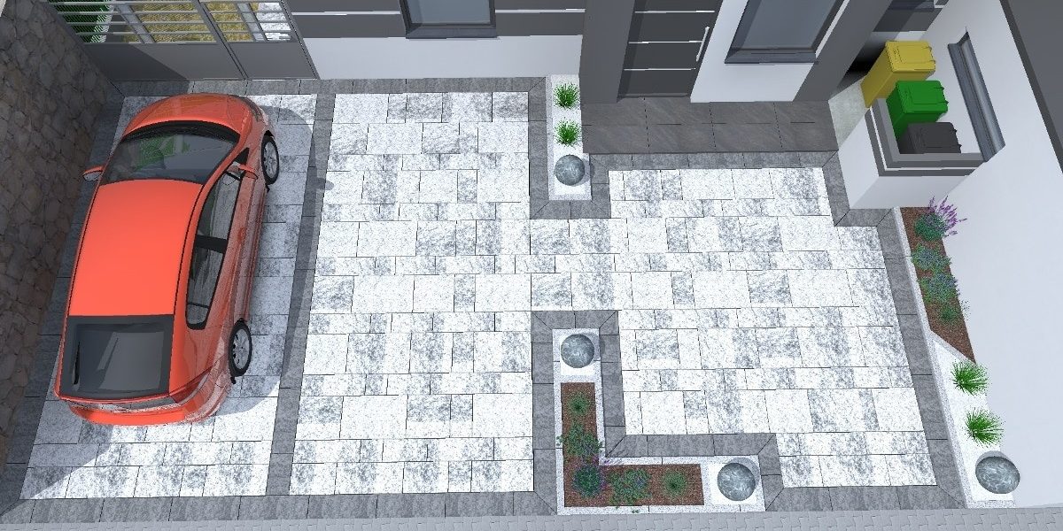Semmelrock CAD vizualizacija parkirališta i prilaza uz obiteljsku kuću s svijetlim betonskim opločnicima