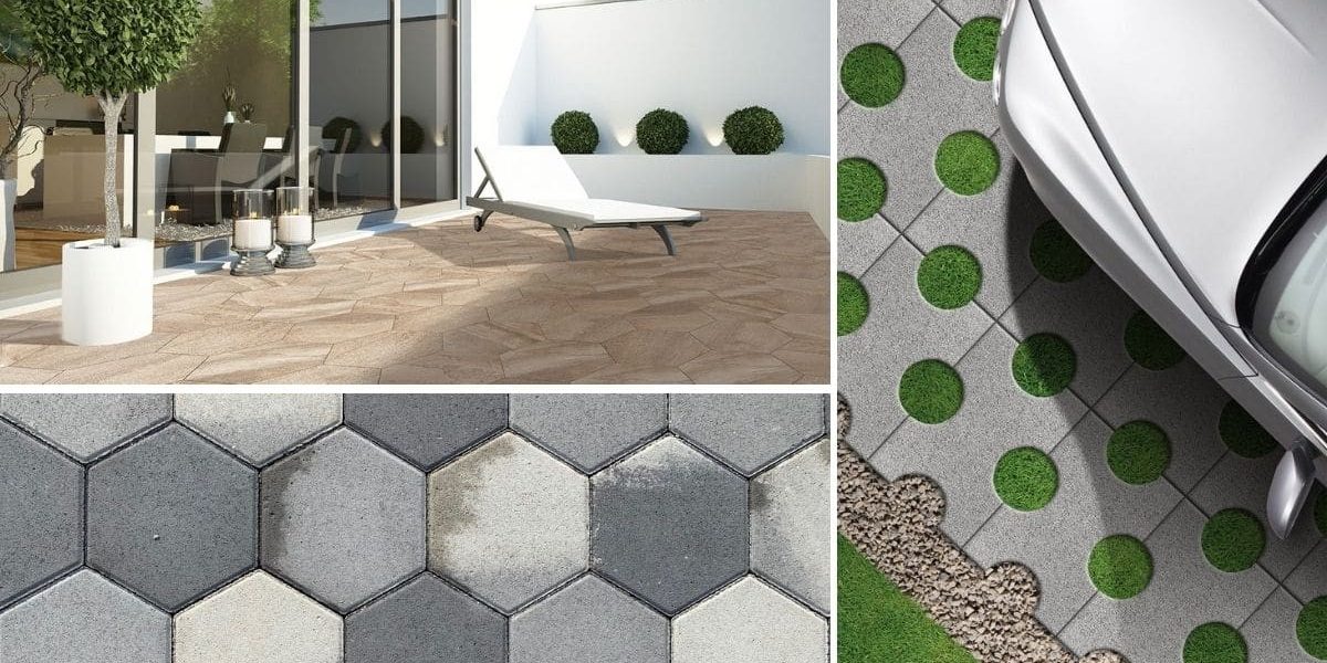 Semmelrock šesterokutni betonski opločnici - primjena na terasi, parkiralištu i detalj površine u sivim tonovima