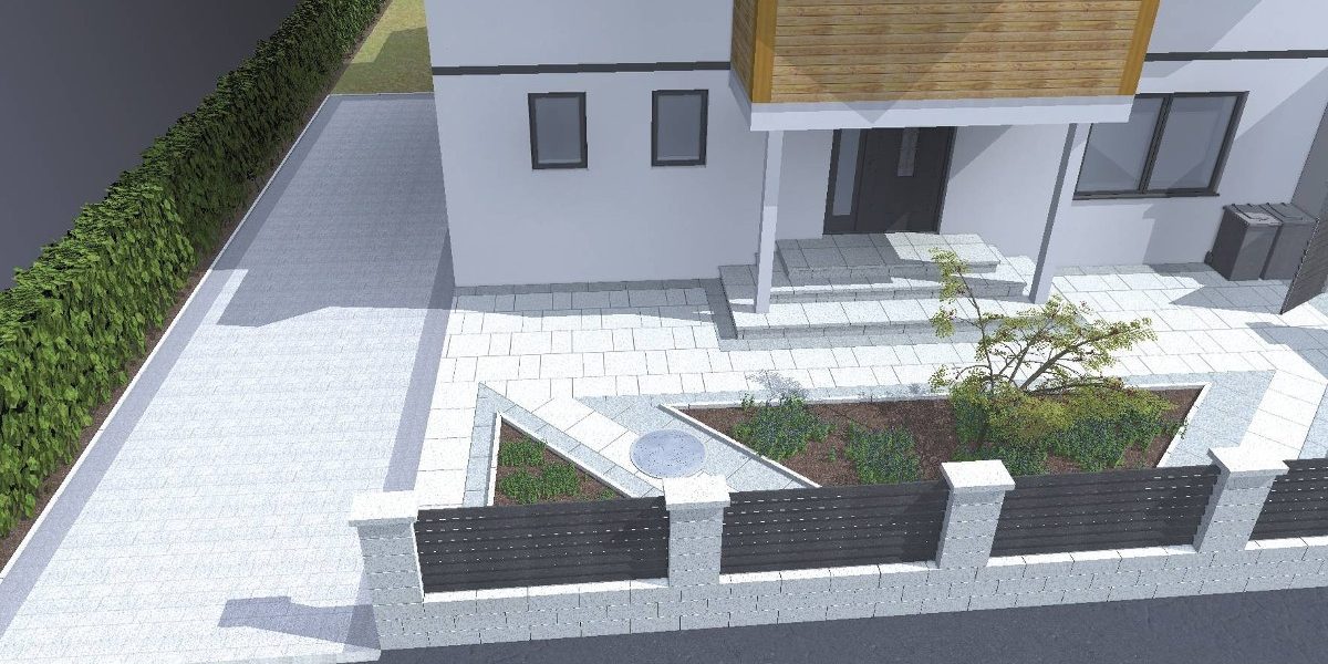 Semmelrock CAD vizualizacija uređenja okućnice s svijetlim opločnicima, betonskim zidom i stepenicama uz modernu obiteljsku kuću