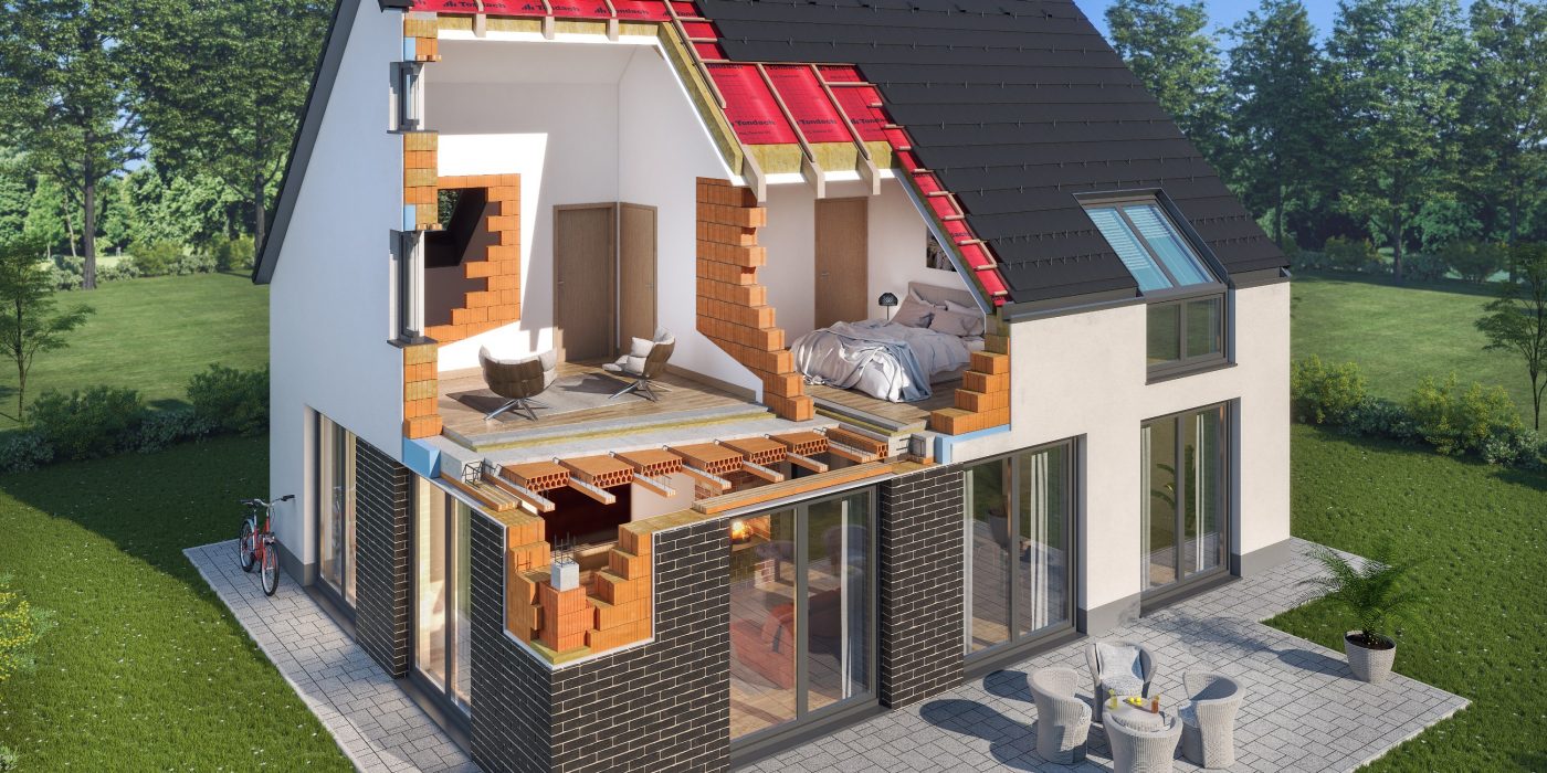 Wienerberger sistemska rješenja - 3D presjek kuće s Porotherm zidovima, Tondach krovom i Terca fasadom od temelja do krova