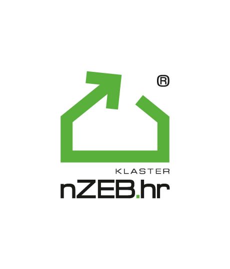 Zeleni logotip nZEB.hr klastera s motivom kuće i strelice.