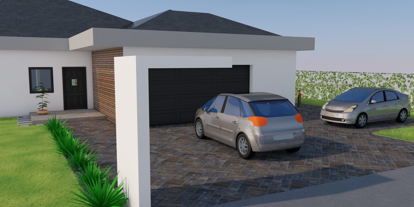 Render koji prikazuje primjer Semmelrock opločnika u dvorištu jednog objekta - CAD vizualizacija