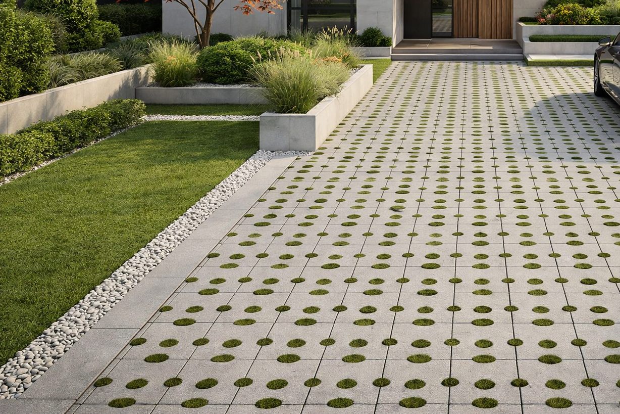 Circola opločnici s okruglim otvorima kroz koje raste trava. Sa strane su bijeli oblutci i bilje