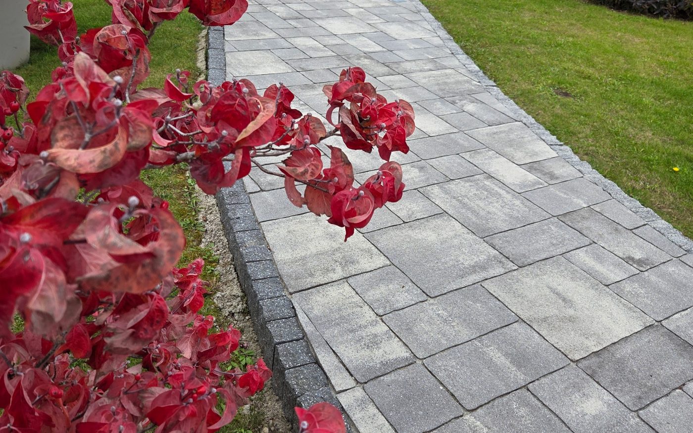 Semmelrock opločnici sive boje na vijugavoj pješačkoj stazi - uređeni vrt