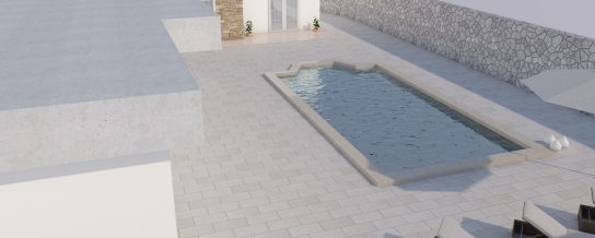 Semmelrock CAD vizualizacija uređenja vanjskog prostora s bazenom, svijetlim opločnicima