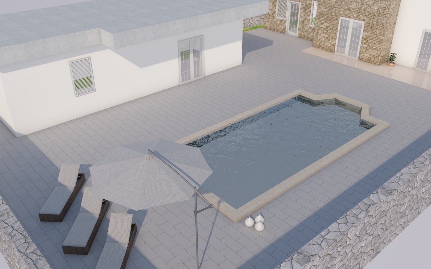 Semmelrock CAD vizualizacija terase s bazenom, sivim opločnicima, ležaljkama i kamenim ogradnim zidom