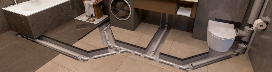 Moderna kupaonica s presjekom u kojem je vidljiva kanalizacijska cijev svijetlo sive boje.